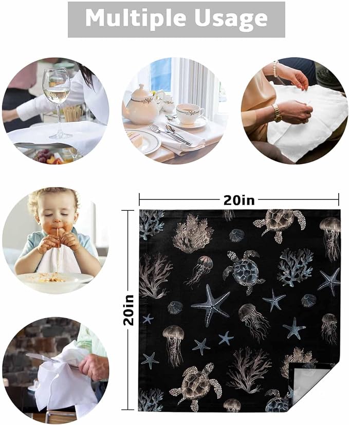 Coastal Black Cloth Napkins Set of 4 - Blue Sea Turtle Starfish Coral Ocean Jellyfish Washable Dinner Napkins Reusable Table Napkins for Party Weeding Dining Table Setting Decoration,Oversized 20"x20" - Image 5
