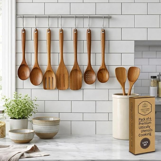 DADU BADU 6 Piece Teak Wood Utensil Set Non Toxic, Handmade Cooking Spoons & Spatulas for Nonstick Cookware Includes Wok Spatula, Skimmer & Salad Set Heat Resistant Kitchen Utensil Gift Set - Image 8