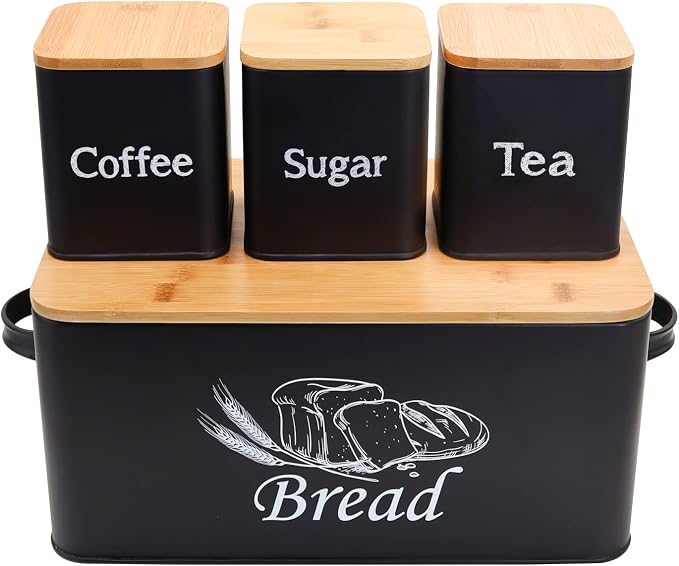 SOTECH Bread Box with 3pcs Jars Coffee Sugar Tea for Kitchen Countertop White Metal Bread Box with Bamboo Board Cover Pastry Storage Container Set Kitchen decor (Bread box-1) by SOTECHLLC