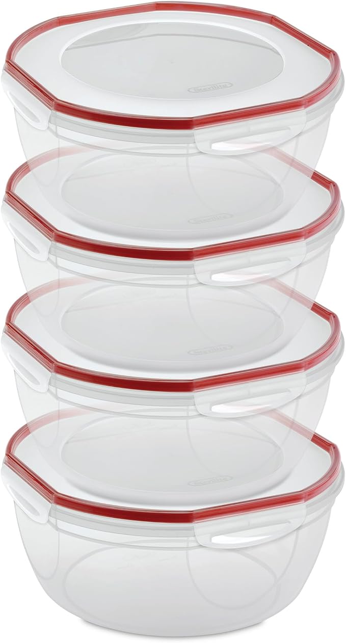 Sterilite Ultra-Seal Bowl, Airtight Food Storage Container, 8.1 Qt, 4-Pack | Large Latching Lid with Red Gasket, Airtight and Watertight Seal, Microwave, Freezer and Dishwasher Safe for Meal Prep by Sterilite