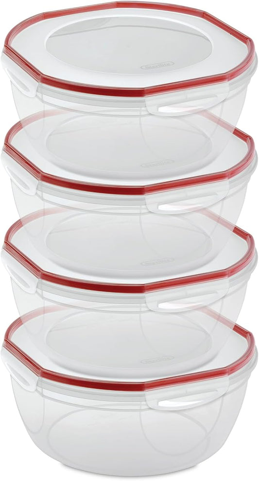 Sterilite Ultra-Seal Bowl, Airtight Food Storage Container, 8.1 Qt, 4-Pack | Large Latching Lid with Red Gasket, Airtight and Watertight Seal, Microwave, Freezer and Dishwasher Safe for Meal Prep by Sterilite