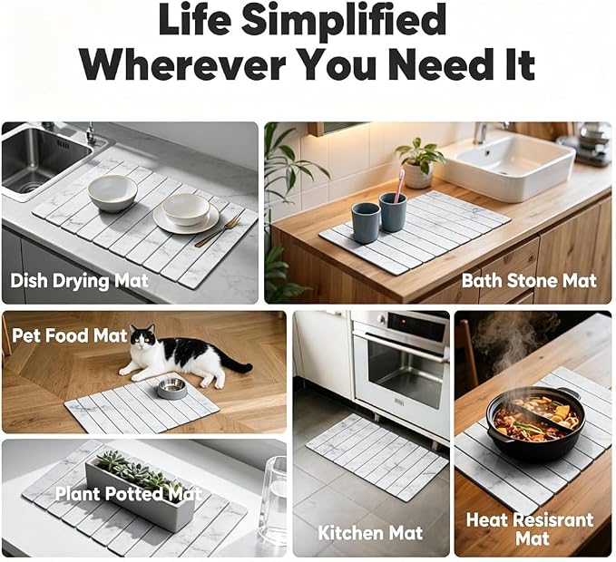 Stone Drying Mat for Kitchen Counter, Quick Diatomaceous Earth Mats for Dishes, 24"L x 16" W Super Absorbent Fast-Drying Collapsible Countertop Stone Mat (Marble White, 24" x 16") - Image 6