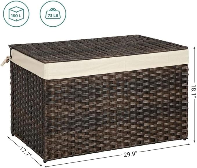 SONGMICS Storage Basket with Lid, Woven Blanket Storage Bin with Handles, Foldable, Removable Liner, Metal Frame, for Bedroom, Laundry Room, 42.3 Gallons (160 L), Brown URST76BR - Image 2