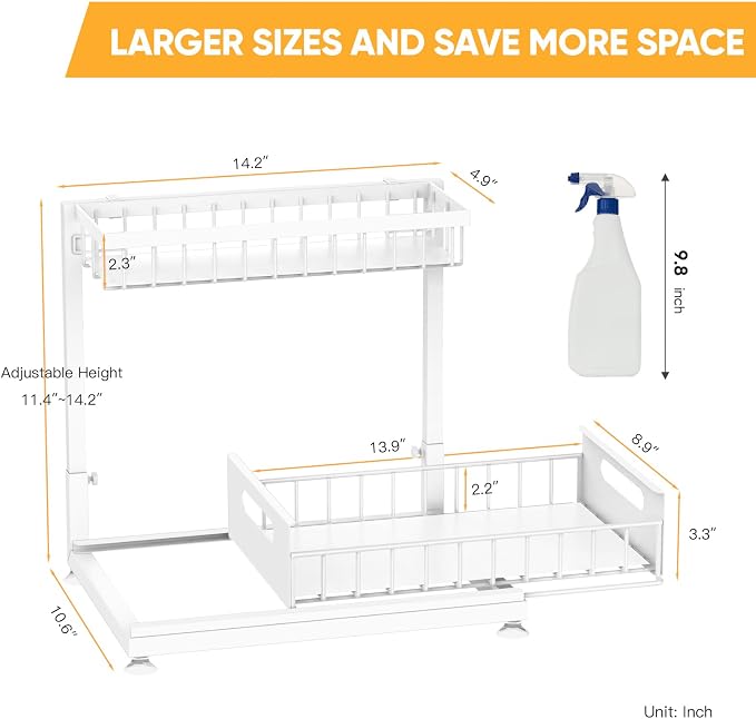 2-Pack L-Shaped Under Sink Organizer, 2-Tier Pull-out Cabinet Rack | White Height-Adjustable Steel Rack, Sliding Grid Drawers with PP Liners, Holds 100 Lbs, Suction Base, Ideal Kitchen Storage - Image 7