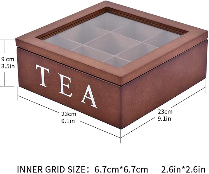 Wood Tea Storage Box, Teabag Storing 9 Compartments Wooden Tea Box Hinged Glass Lid Tea Organizer-Black - Image 4