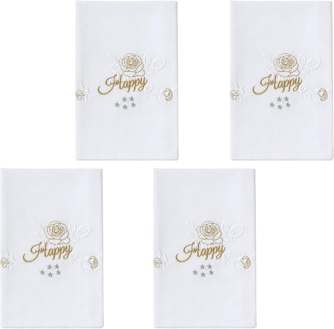 Cloth Napkins Set of 4, 20x20 inch, 100% Egyptian Cotton Hand Embroidered French Knot, Reusable & Machine Washable, Elegant Table Napkins for Dinner, Weddings, Parties (Rose-Happy) by EmbroideryLinenVN