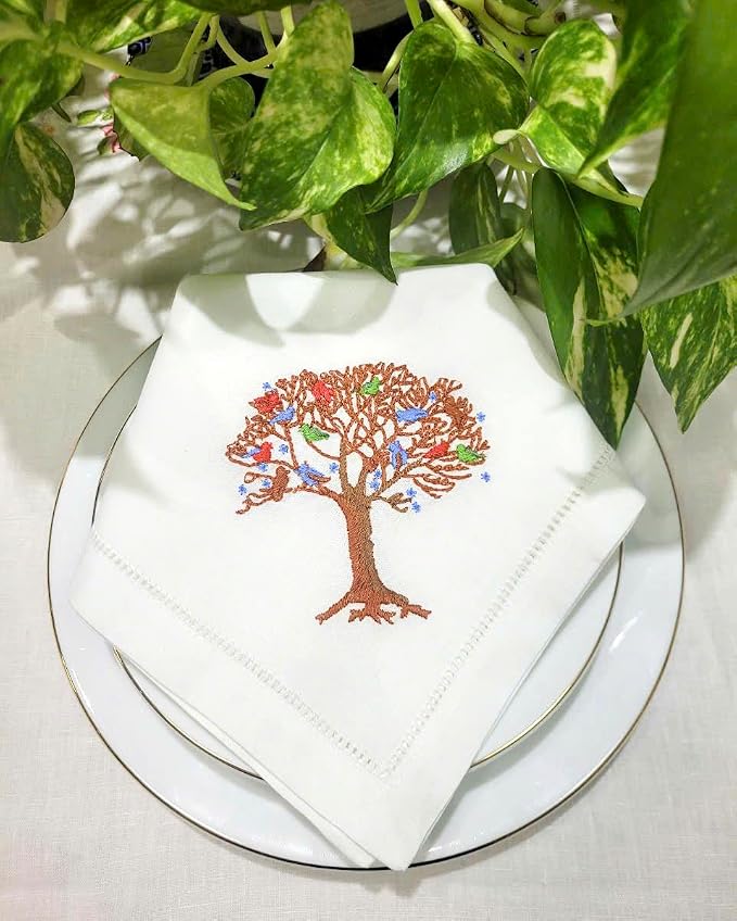 Embroidered Cotton Napkins with Tree of Life and Birds. Set of 6, 18"x18" White Table Napkins, Hemstitch Dinner, Party Napkins for Daily & Holidays, Events - Image 2