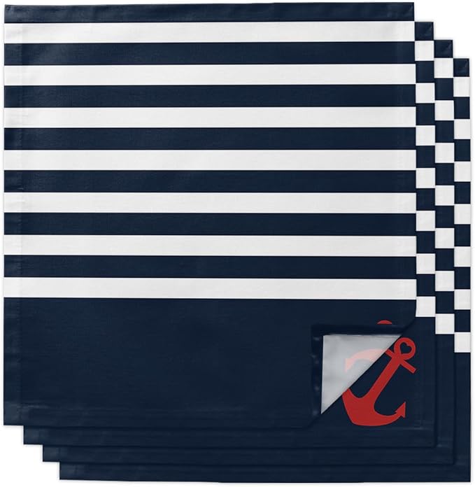 Navy Blue Striped Cloth Napkins Set of 4, Red Anchor Summer Seaside Dinner Napkins Cloth Washable, Cocktail Napkins Reusable for Wedding, Party, Birthday (20"x20") by Unknown
