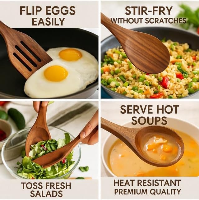 9 Piece Teak Wooden Spoons, Spatula & Ladle Set, Non-Stick Safe, Food Grade | Set of 7 Versatile Wood Spatula for Cooking & Serving, Includes Utensil Holder & Spoon Rest, Modern Kitchen Utensils & Tools - Image 5
