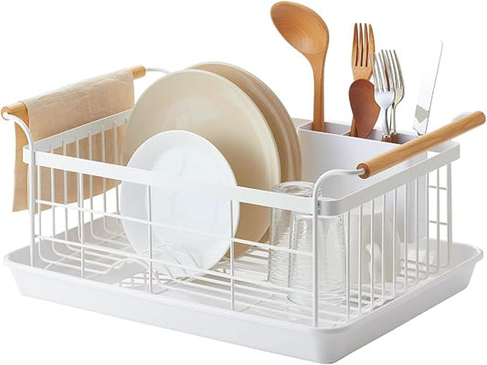 YAMAZAKI Home Dish Drying Rack – Modern White Dish Rack for Kitchen Counter with Removable Drying Tray and Cutlery Holder, Steel + Wood Dish Drying Organizer - Steel + Wood - | Modern dish drying rack organizer with steel and wood construction. Small s... by Unknown