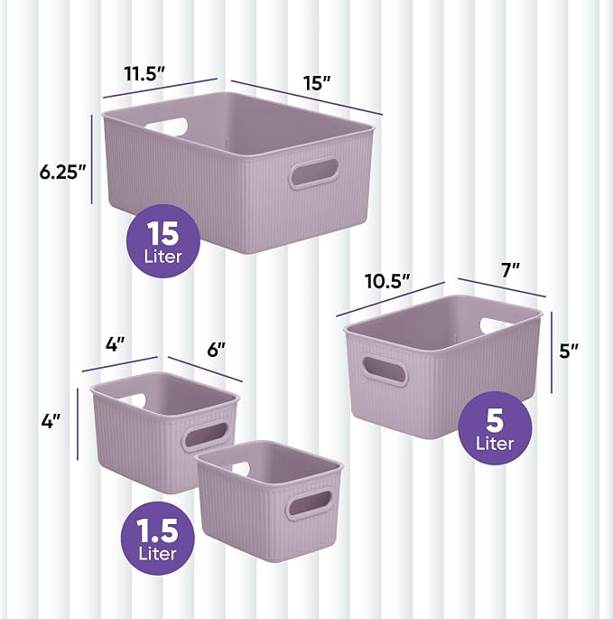 Superio Ribbed Collection - Decorative Plastic Basket Open Home Storage Bins Organizer, Lilac Purple (Set of 4) 1 Large, 1 Medium, 2 Small - Containers for Organizing Closet Storage Bins for Shelves - Image 2
