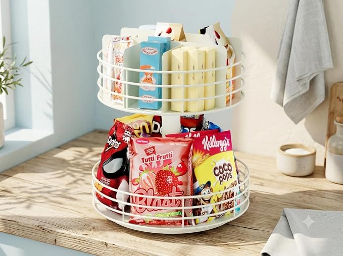 Snack Organizer - Versatile Snack Storage 2 Tier Lazy Susan with Convenient Grab-and-Go Design, Metal Snack Holder for Home, Office, Breakroom, 12.13" L x 12.13" W x 12.56" H (Matte White) - Image 5