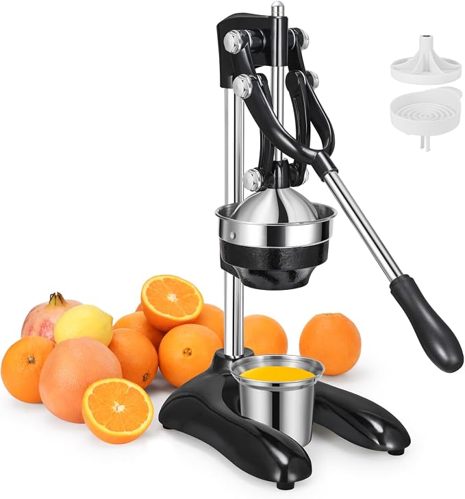 TONGCHANT Cast Iron Manual Juicer, Dual Pattern & 19" Tall | Heavy Duty Orange Juicer Squeezer for Lemon Lime & Pomegranate, Citrus Press, Stainless Steel Cup, Easy to Clean, Black by TONGCHANT