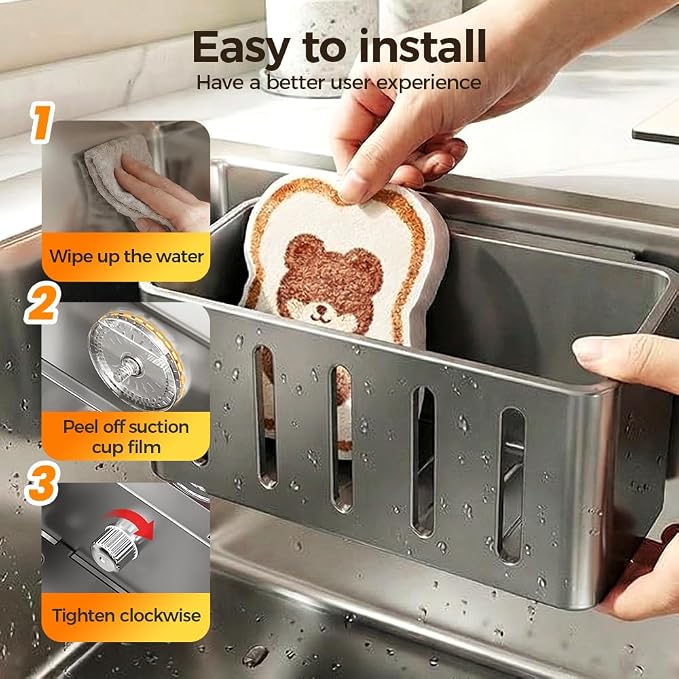 Sponge Holder for Kitchen Sink,2026 Sink Caddy Organizer with Suction Cups,Rustproof Kitchen Storage Rack for Sponge,Soap,Stopper,Brush (2, Square) - Image 4