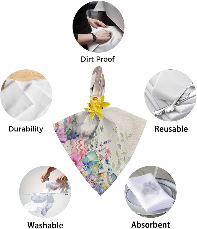 Dinner Cloth Napkins Set of 8, Spring Easter Washable Cocktail Cloth Napkins 20 x 20 Inch, Rustic Bunny Eggs Eucalyptus Leaves Botanical Reusable Table Napkins for Wedding Holiday Party - Image 8