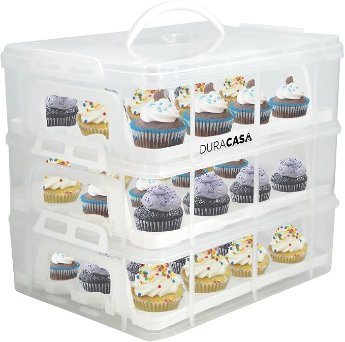 Cupcake Carrier, Cupcake Holder | Premium Upgraded Model Holds Cupcakes Steadier | Store up to 36 Cupcakes or Muffins | Stacking Cupcake Storage Container | Use 1,2, or 3 Tiers (White) by DuraCasa