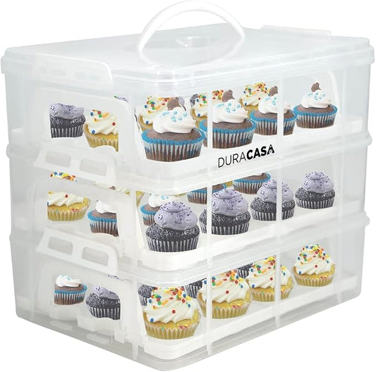Cupcake Carrier, Cupcake Holder | Premium Upgraded Model Holds Cupcakes Steadier | Store up to 36 Cupcakes or Muffins | Stacking Cupcake Storage Container | Use 1,2, or 3 Tiers (White) by DuraCasa
