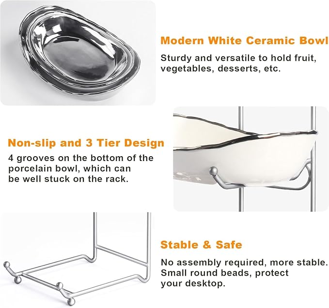 3 Tier Fruit Basket for Kitchen Counter, Modern Ceramic Fruit Bowl with Silver Metal Stand, Fruit Holder Stand for Snacks, Nuts, Cakes, Desserts, Bread, Candy Storage - Image 3