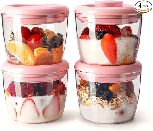 400ml Meal Prep Container Set of 4 Pink Tritan Plastic Food Storage Containers with Lids, Airtight Leakproof Pop Top Lid Bowl for Breakfast Leftovers by ANKOU
