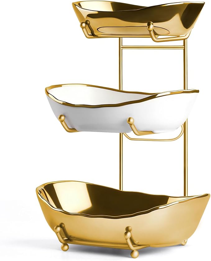 Fruit Bowl for Kitchen Counter,3 Tier Ceramic Fruit Basket with Metal Stand, Tiered Fruit Rack for Countertop, Modern Multi Serving Bowl for Party Dessert, Vegetable, Snack (Gold-White) - Image 9