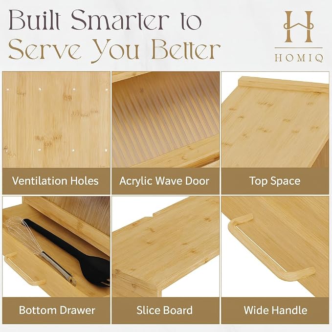 Bread Box for Kitchen Countertop - Bamboo Wood Breadbox with Knife Storage, Ventilation Holes - Farmhouse Loaf Organizer, Versatile 2 Layer Bread Storage Container for Snacks Mugs Spices - Image 5