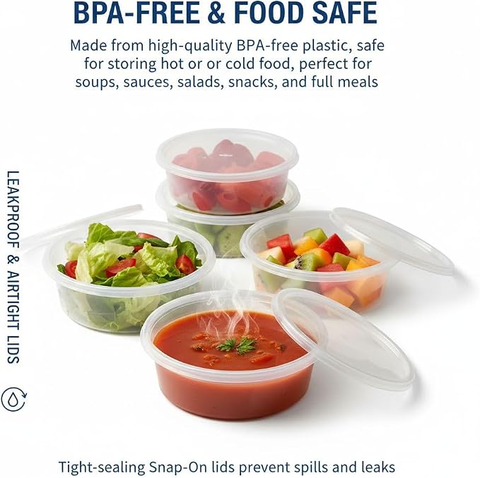1ABOVE 50 Pack Round Plastic Food Containers with Lids – Reusable Leakproof BPA-Free Meal Prep Storage, Microwave, Freezer & Dishwasher Safe (450ML) - Image 5