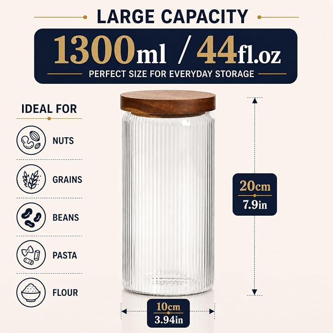Ribbed Glass Jar with Wooden Lid 16.9oz / 27oz | Airtight Fluted Storage Container for Food, Pasta, Coffee, Candy, Dog Treats, Snacks | Canisters for Home & Kitchen (44 fl.oz / 1300ml -3X) - Image 5