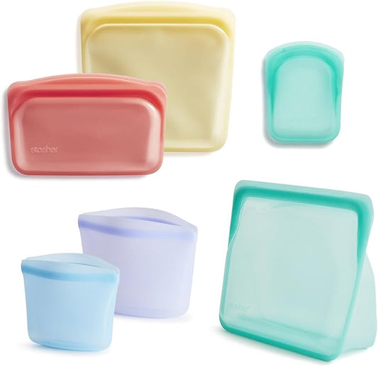 Stasher Premium Reusable Silicone Food Storage Bags, 6-Pack, Multicolor | Food-Safe Silicone, BPA-Free, Leak-Free, Eco-Friendly, Dishwasher, Lunch Bag, Travel Containers, Meal Prep, Lunch, Travel by Stasher