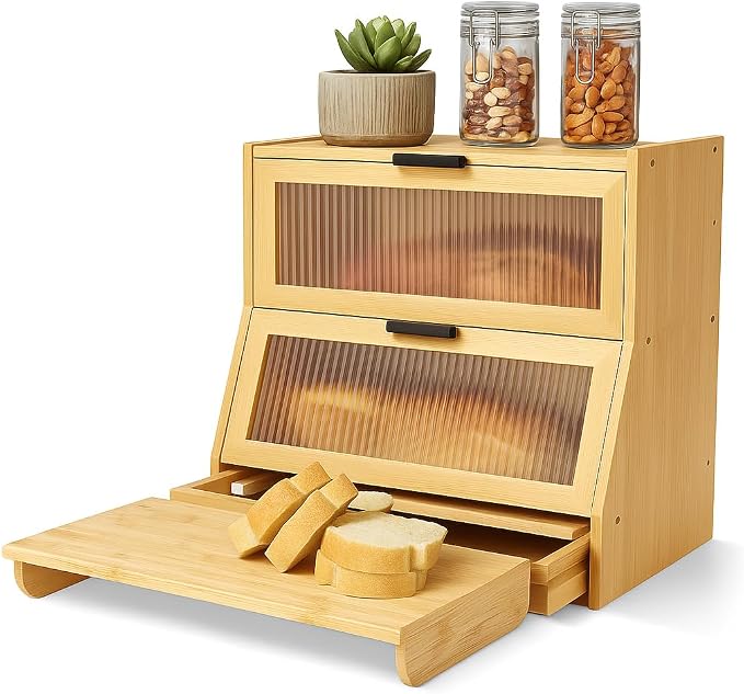 Bread Box for Kitchen Countertop - Bamboo Wood Breadbox with Knife Storage, Ventilation Holes - Farmhouse Loaf Organizer, Versatile 2 Layer Bread Storage Container for Snacks Mugs Spices by Unknown