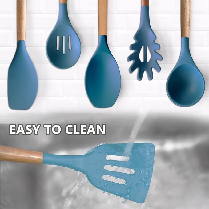 Silicone Cooking Utensils Set 6Pcs Heat Resistant Silicone Kitchen Utensils Set for Cooking Spatula Spoon Turner Ladle w Wooden Handle, BPA FREE Kitchen Gadgets for Nonstick Cookware & Baking - Image 7