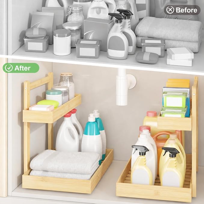 Bamboo Under Sink Organizer, 2-Tier Pull Out Cabinet Organizer | Kitchen Sink Organizer | Bathroom Cabinet Organizer | Cleaning Supply Storage | L-Shape | 3-Level Adjustable | Natural Bamboo - Image 5