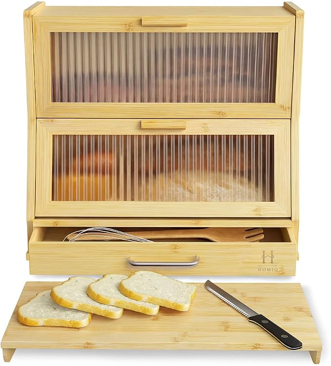 Bread Box for Kitchen Countertop - Bamboo Wood Breadbox with Knife Storage, Ventilation Holes - Farmhouse Loaf Organizer, Versatile 2 Layer Bread Storage Container for Snacks Mugs Spices - Image 2