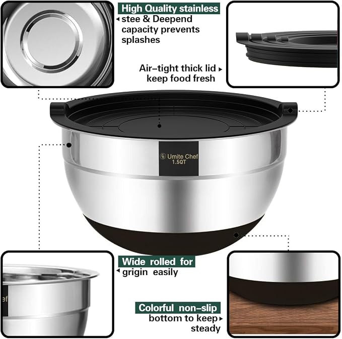 Umite Chef Mixing Bowls with Airtight Lids，6 piece Stainless Steel Metal Nesting Storage Bowls, Non-Slip Bottoms Size 7, 3.5, 2.5, 2.0,1.5, 1QT, Great for Mixing & Serving(Black) - Image 7