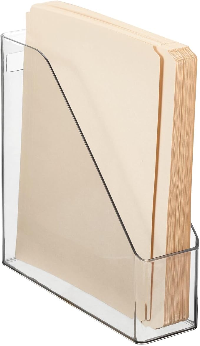 mDesign Plastic Slim Vertical File Folder Storage Organizer Bin with Handle, Hold Notebooks, Binders, Envelopes, Magazines for Home Office, Work Desktops, Ligne Collection, 8 Pack, Clear - Image 6