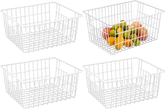 Redrubbit Wire Storage Baskets, Large Farmhouse Metal Freezer Basket Storage Organizer Bins with Handles for Kitchen Cabinets, Pantry, Closets, Bedrooms, Bathrooms, Set of 4, White by Redrubbit
