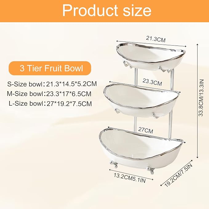 3 Tier Fruit Bowl for Kitchen Counter,Ceramic Bowl with Metal Stand,3 Tier Fruit Basket for Vegetable Bread Candy Snack Nuts Dessert Cake Tray (White Bowl Silver Rack) - Image 2