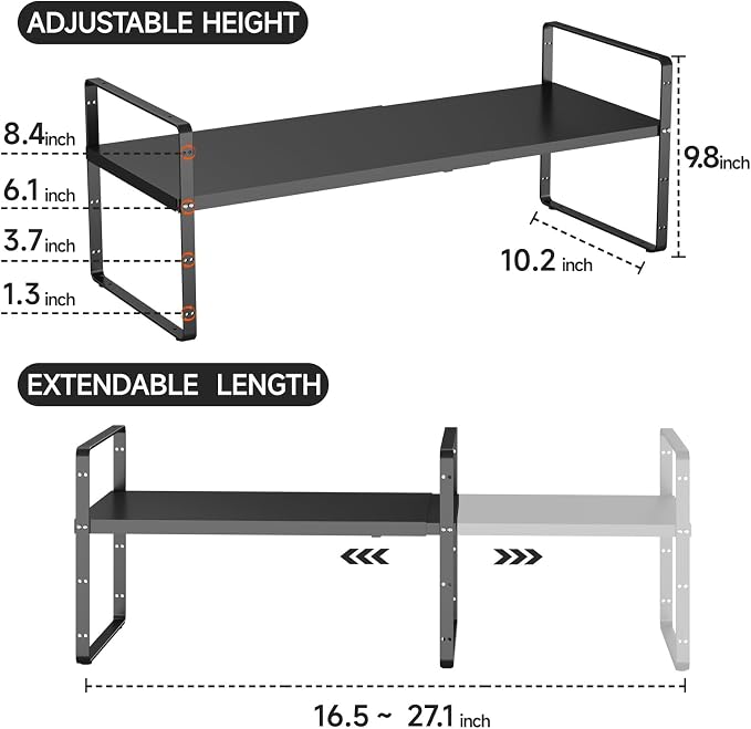 Expandable Cabinet Shelf Organizer, 16.5"~27''L, Black | Stackable, Adjustable Height, For Cabinet, Countertop, Pantry & Cupboard, Pantry Spice Rack, 10" W x 9.6" H - Image 2