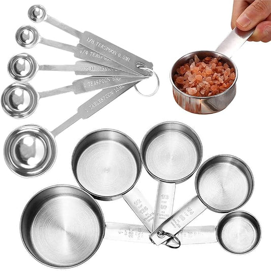 Supvox® 10Pcs Measuring Cups and Spoons Set - Stainless Steel Measuring Cup with Scales of 2 Units, Dry & Wet Food Measuring Cup for Cooking and Baking, Ideal for Chefs & Home Cooks (Silver) by Supvox