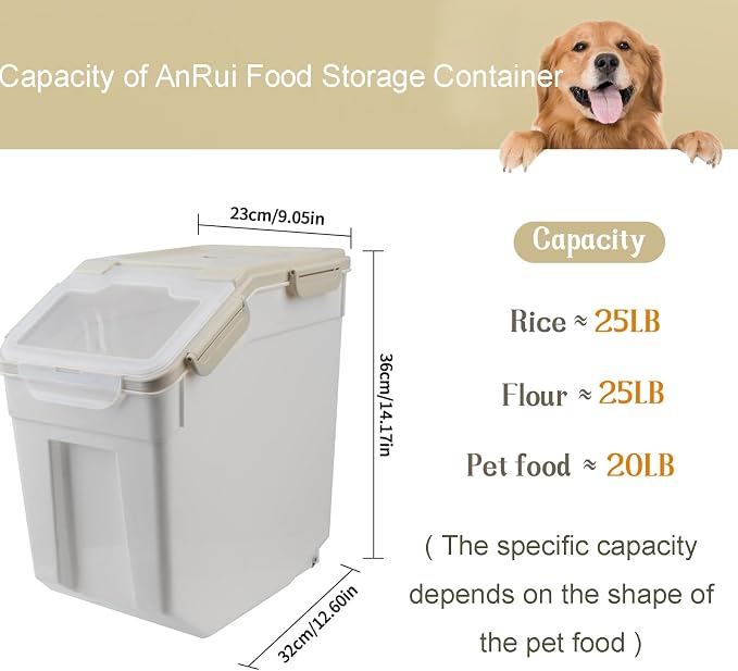 AnRui Airtight Flour Storage Container 25lb, Plastic Grain Storage Bucket, Rice Cereal Dispenser Organizer Box with Lid, Cat Dog Food Storage Bin with Measuring Cup, Scoop, Wheels, 2Pcs Grey - Image 2