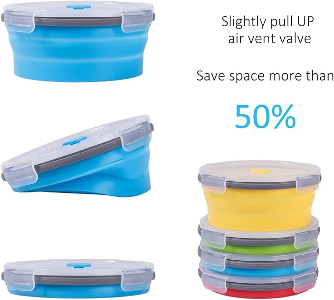 Collapsible Food Storage Containers with Airtight Lid, 27 oz, Kitchen Stacking Silicone Collapsible Meal Prep Container Set for Leftover, Microwave Freezer Dishwasher Safe, 4 Colors Round, Set of 4 - Image 3