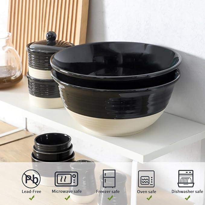 HASENSE Large Ceramic Serving Bowls Set of 2, 84 Oz 9 Inch Black & Beige Stoneware Mixing Bowls, Farmhouse Bowls for Salad, Soup, Popcorn & Baking, Dishwasher & Microwave Safe - Image 6