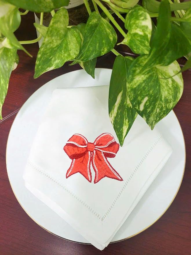 Embroidered Cloth Napkin Red Bow Cotton Napkins Set of 6, 20 x 20 Hemstitch Table Napkins, Machine Washable, for Daily & Holiday Dining, Great Gift Ideas - Image 7