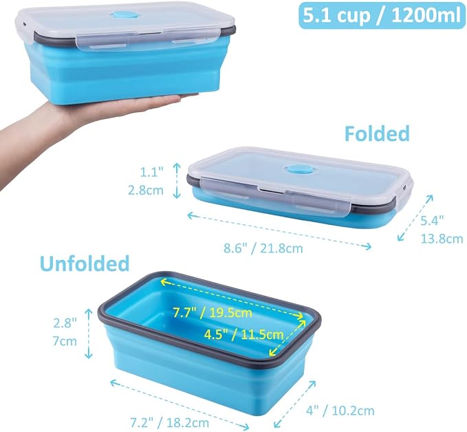 Collapsible Food Storage Containers with Airtight Lid & Air Vent, 40.5 oz, Kitchen Stacking Silicone Collapsible Meal Prep Container Set for Leftover, Microwave Freezer Dishwasher Safe, Blue, Set of 4 - Image 6