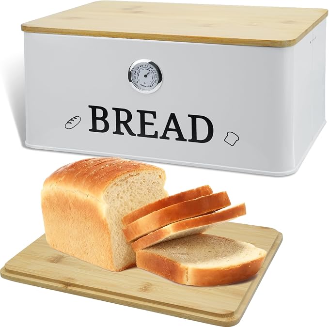 White Bread Box for Kitchen Countertop with Bamboo lid, Hygrometer Kitchen Organizer for Sourdough, Buns, and Loaves, Bread Storage Container by Unknown