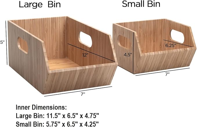 MobileVision Bamboo Storage Bins for Pantry & Kitchen Cabinet Organizer Multi-Purpose 2 PC Stackable Set for Canned Goods, Vegetables, Pouches, Boxed Meals & more - Image 2