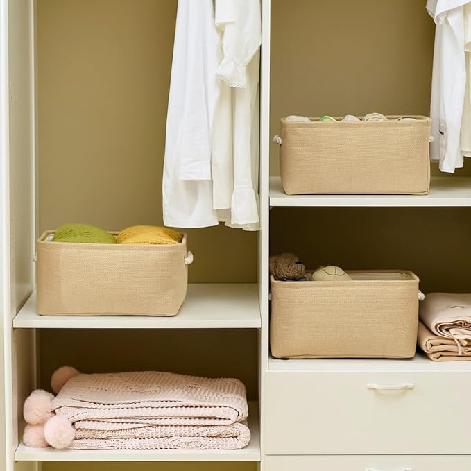 Storage Bins for Shelves - Medium 3Pack 13.8L*9.8W*6.7H inch Canves Storage Basket for Organizing, Fabric Storage with Handles for Clothes Baby Dog Toys(Beige) - Image 4
