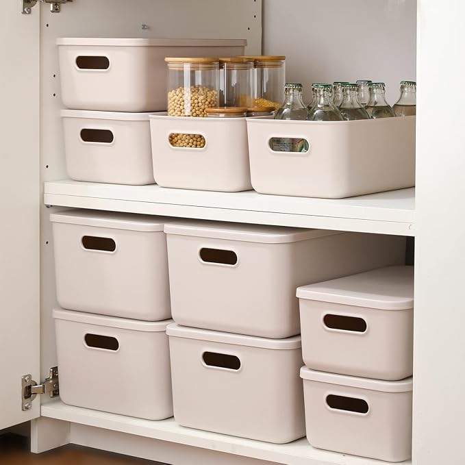 6 piece Plastic Storage Baskets Boxes with Lids,14.4x10.2x11.8 Inch Stackable Organizing Bins with Handles,Versatile Containers for Pantry,Bathroom,Closet Shelves Desktop (Light grey, 4XXL+2XL) - Image 6