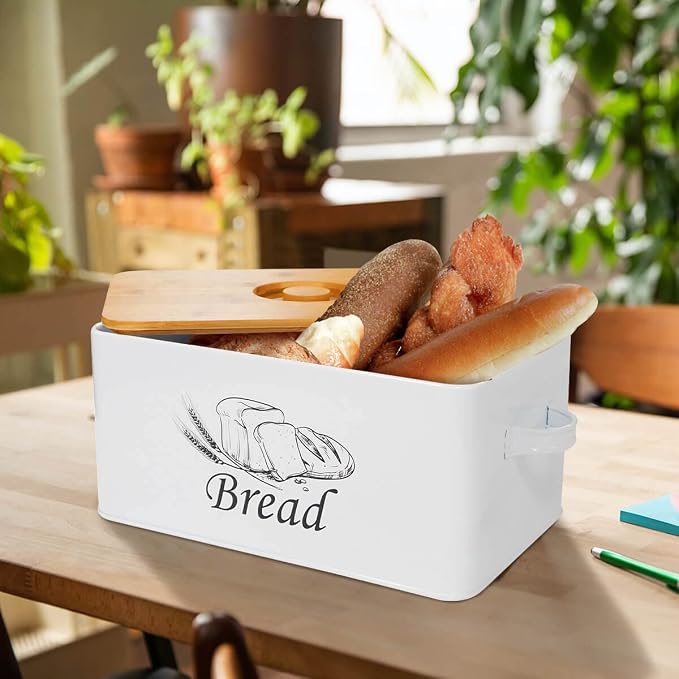 SOTECH Bread Box with 3pcs Jars Coffee Sugar Tea for Kitchen Countertop White Metal Bread Box with Bamboo Board Cover Pastry Storage Container Set Kitchen decor (White Box) - Image 4