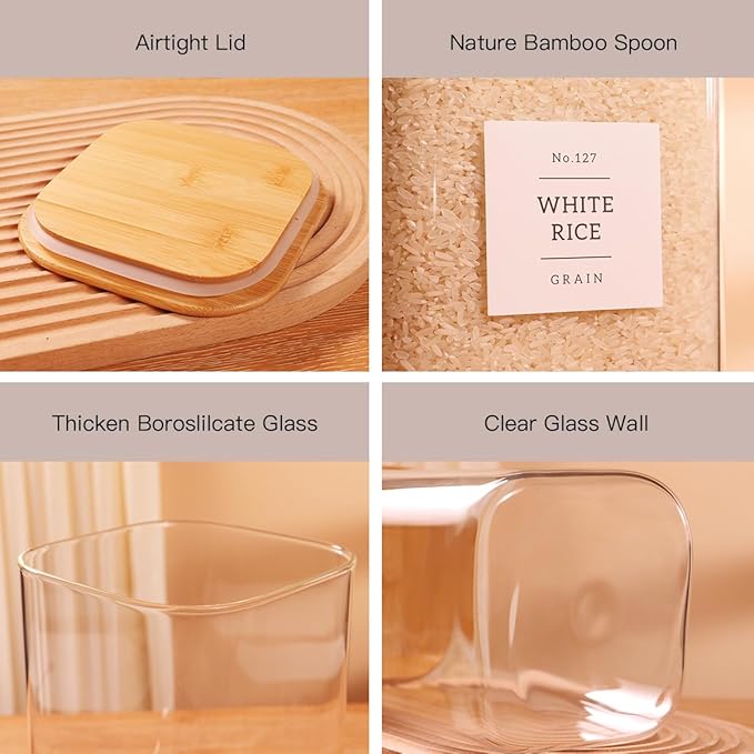 2 Pack Square Glass Flour and Sugar Containers with 132 Kitchen Pantry Labels - Thicken 120 FL OZ Large Glass Storage Jars with Airtight Bamboo Lid - Big Food Canisters for Cookies, Rice, Coffee - Image 5