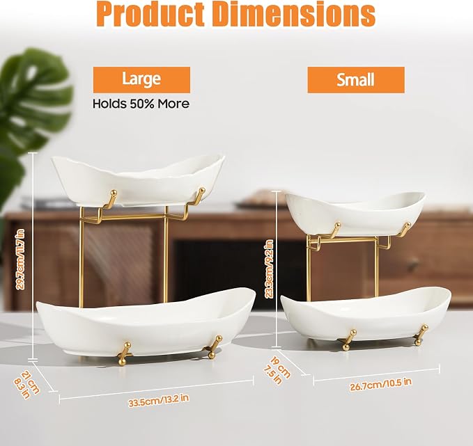 2 Tier Fruit Bowl, Ceramic Fruit Basket for Kitchen Counter | Fruit Holder for Kitchen, with Metal Stand, No Installation Required, Save Space, Easy to Clean, Modern, Gold&White, Large - Image 5